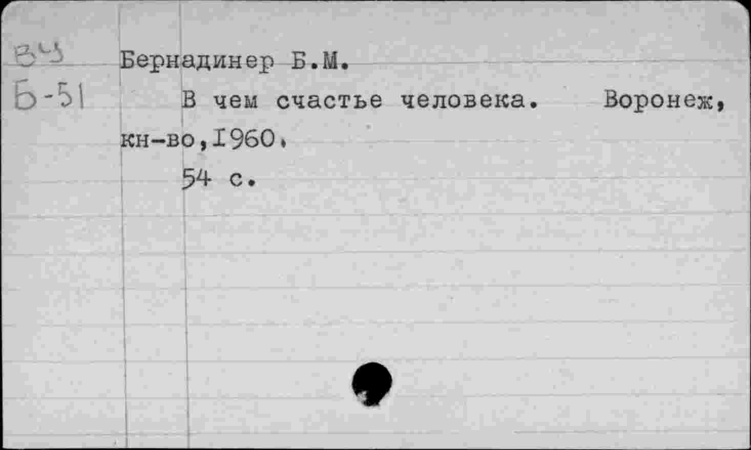 ﻿&ид__ Б-51
Бернадинер Б.М.
В чем счастье человека. Воронеж кн-во,1960»
54 с.